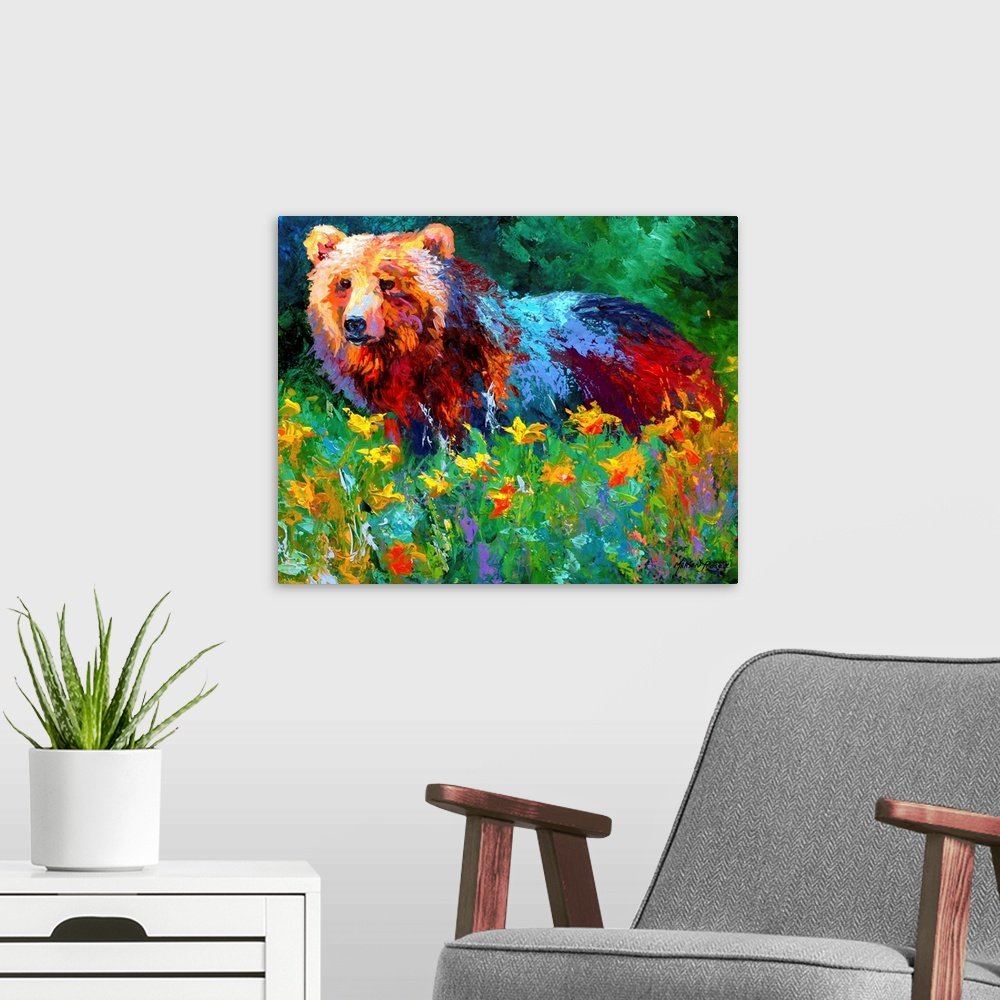 Meadow Monarch: A Vibrant Expressionist Bear Canvas Painting