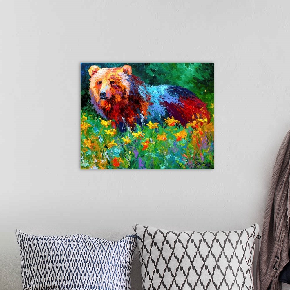 Meadow Monarch: A Vibrant Expressionist Bear Canvas Painting