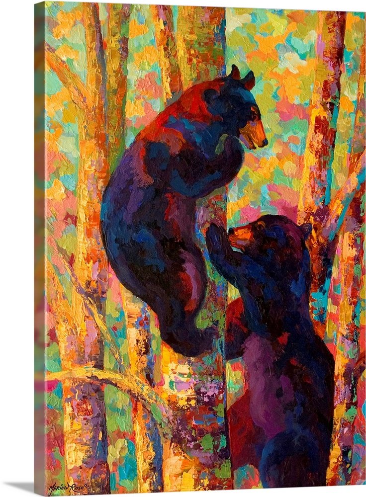 Aspen Ascenders: A Vibrant Expressionist Bear Canvas Painting for Your Wall