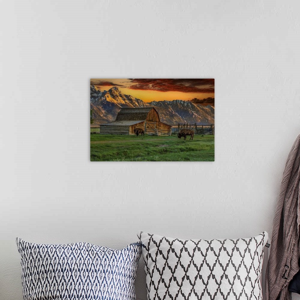 Homestead Sunset: A Rustic Teton Bison Wall Art Landscape
