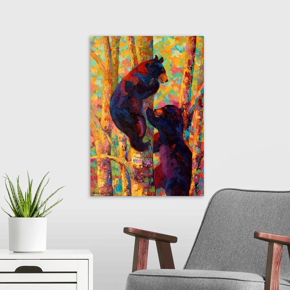 Aspen Ascenders: A Vibrant Expressionist Bear Canvas Painting for Your Wall