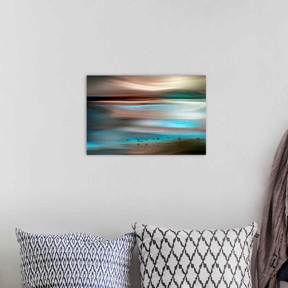 Ethereal Flight: An Abstract Beach Wall Art with Shorebirds