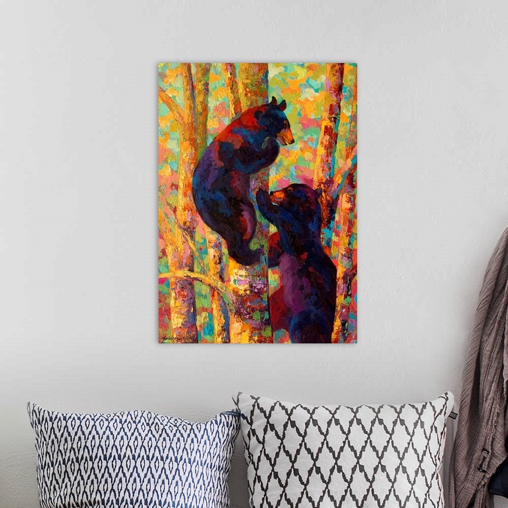 Aspen Ascenders: A Vibrant Expressionist Bear Canvas Painting for Your Wall