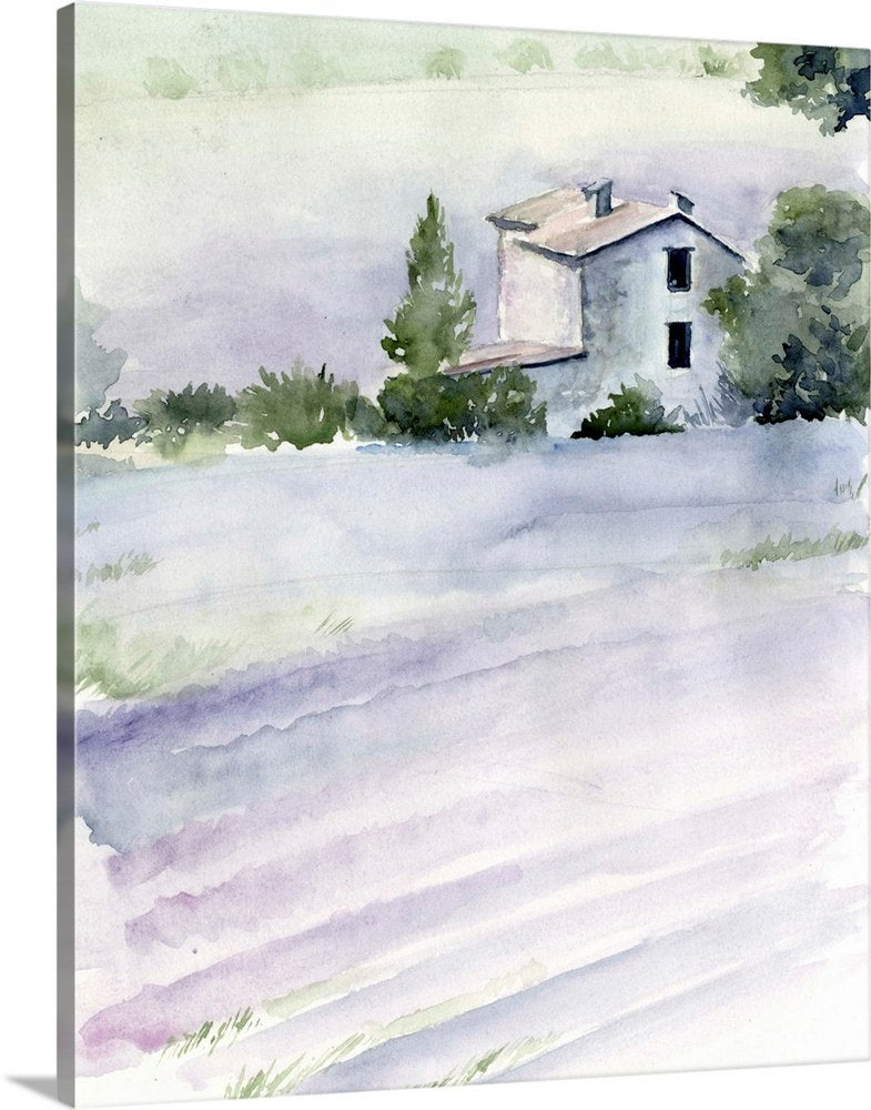 Lavender Haze: A Soft Rustic Watercolor Canvas Painting of a Country Home