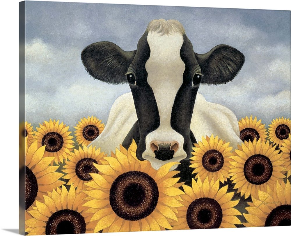 Sunflower Sue: A Cheerful Farmhouse Cow Canvas Painting for Your Kitchen