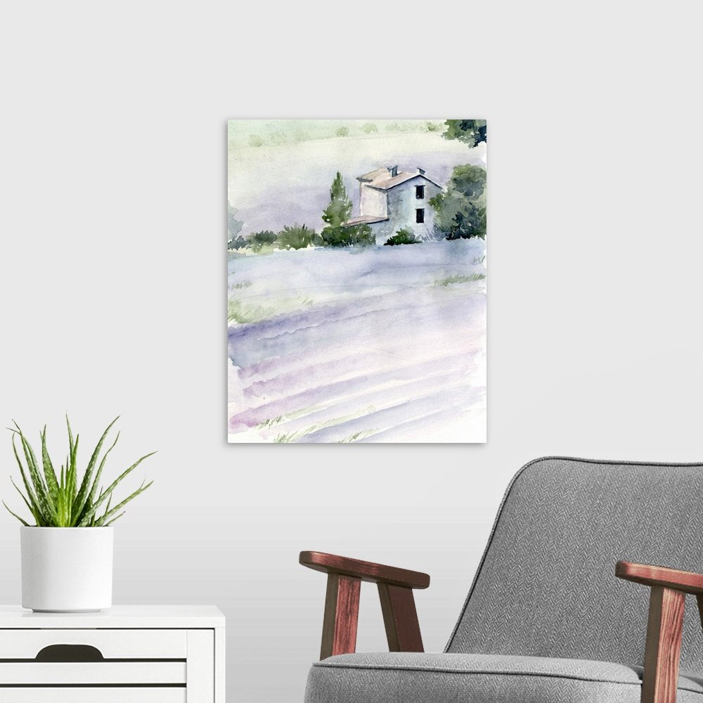 Lavender Haze: A Soft Rustic Watercolor Canvas Painting of a Country Home