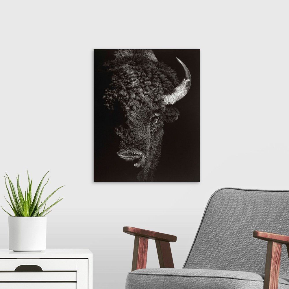 Shadow Titan: A Dramatic Black and White Bison Wall Art Portrait