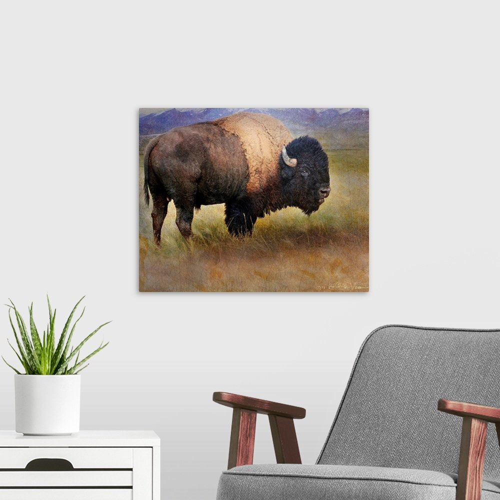 Prairie Monarch: A Majestic Rustic Bison Canvas Painting for Your Lodge