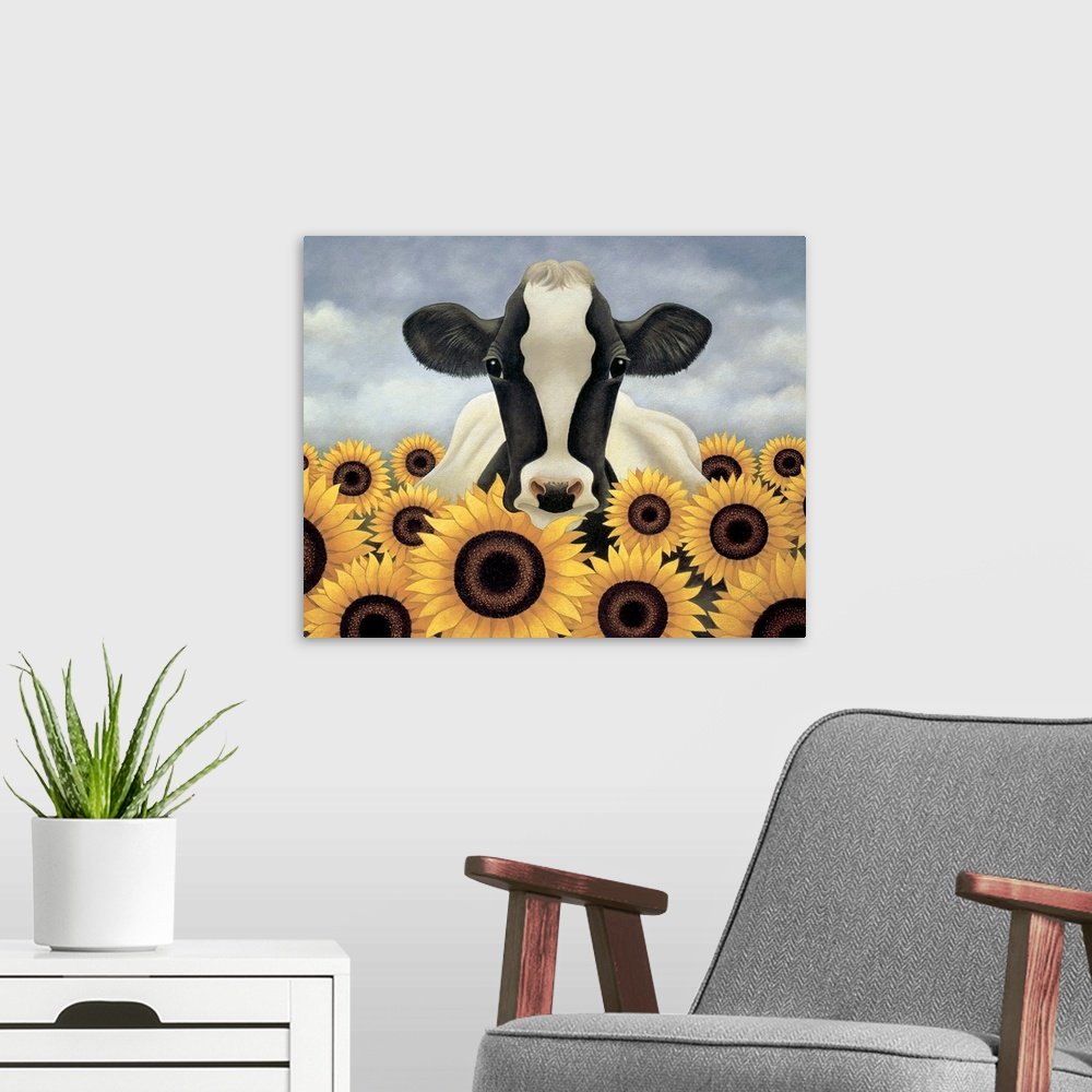 Sunflower Sue: A Cheerful Farmhouse Cow Canvas Painting for Your Kitchen