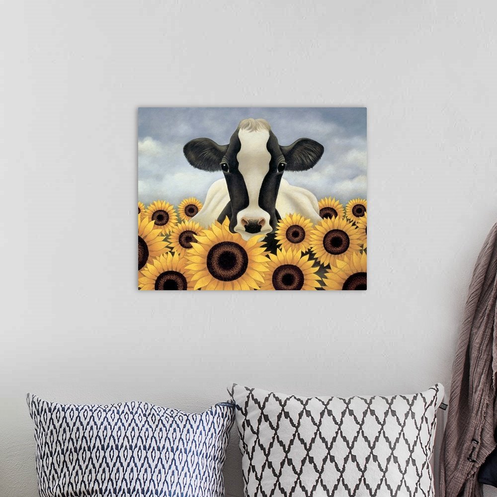 Sunflower Sue: A Cheerful Farmhouse Cow Canvas Painting for Your Kitchen