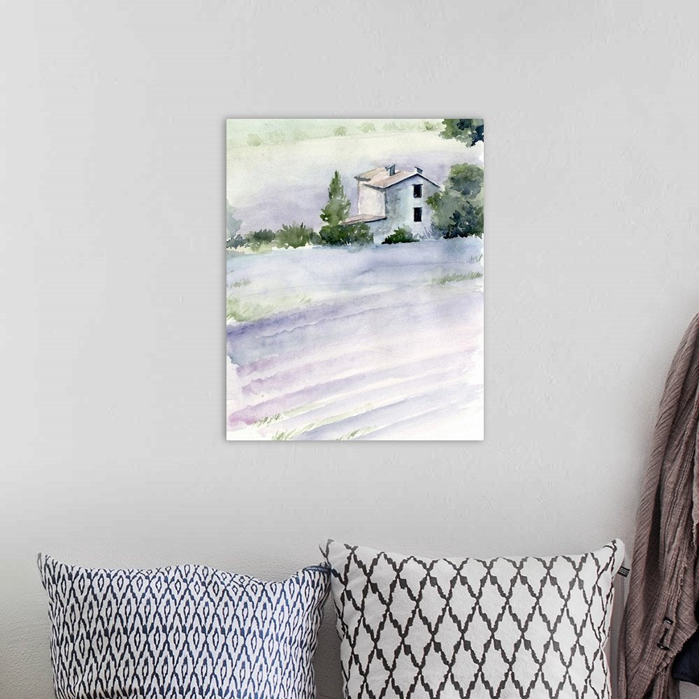 Lavender Haze: A Soft Rustic Watercolor Canvas Painting of a Country Home