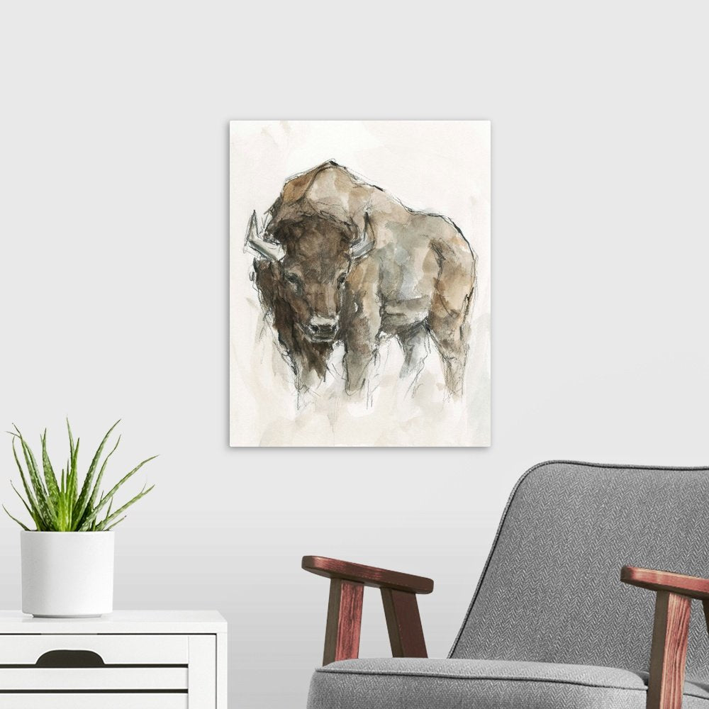 Plains Wanderer: A Minimalist Sketch Bison Wall Art for Modern Homes