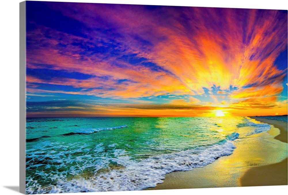 Celestial Fire: A Vibrant Coastal Beach Scene Wall Art Print