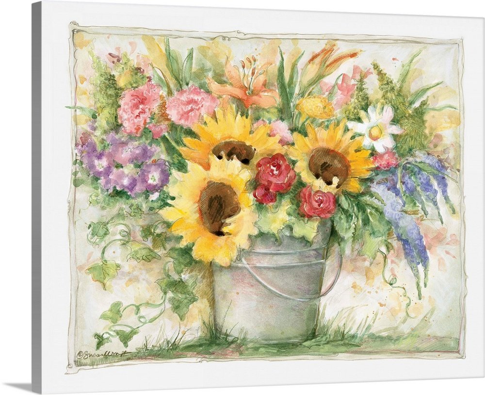 Garden Bucket Blooms: A Cheerful Rustic Floral Wall Art Print