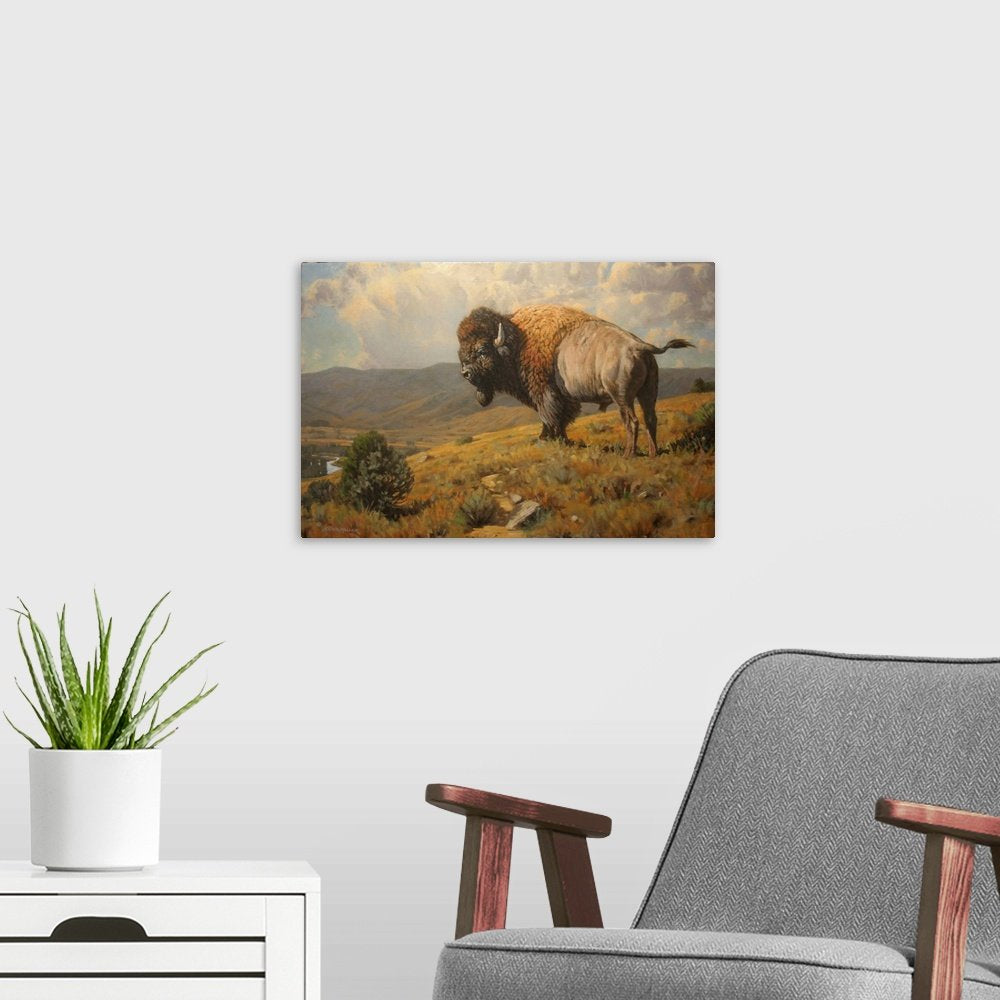 King of the Ridge: A Rustic Western Bison Canvas Painting for Your Lodge