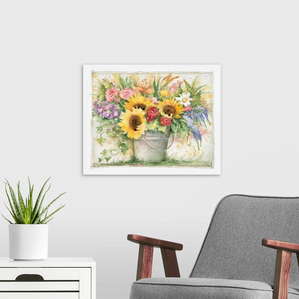 Garden Bucket Blooms: A Cheerful Rustic Floral Wall Art Print