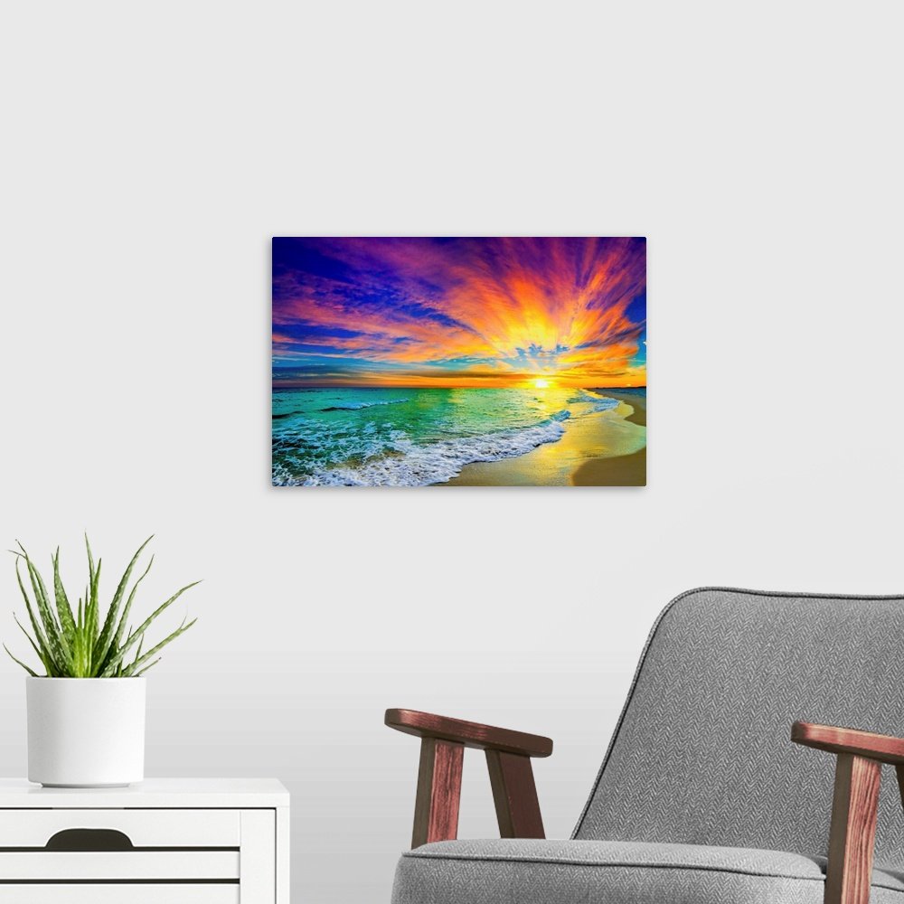 Celestial Fire: A Vibrant Coastal Beach Scene Wall Art Print