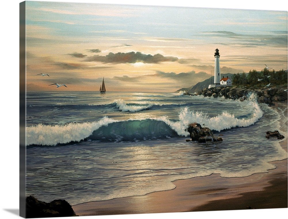 Golden Hour Beacon: A Classic Coastal Beach Scene Canvas Painting
