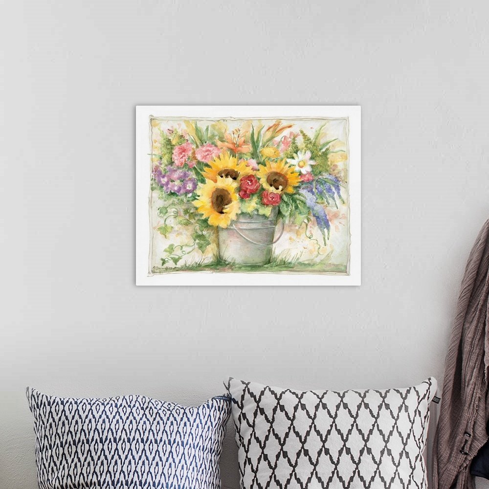 Garden Bucket Blooms: A Cheerful Rustic Floral Wall Art Print