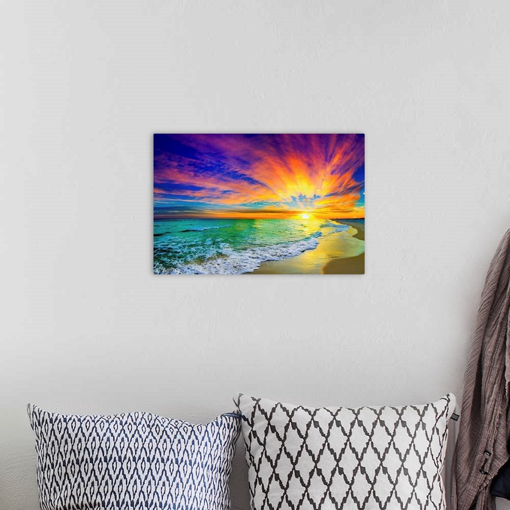 Celestial Fire: A Vibrant Coastal Beach Scene Wall Art Print