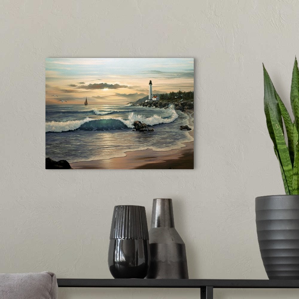 Golden Hour Beacon: A Classic Coastal Beach Scene Canvas Painting