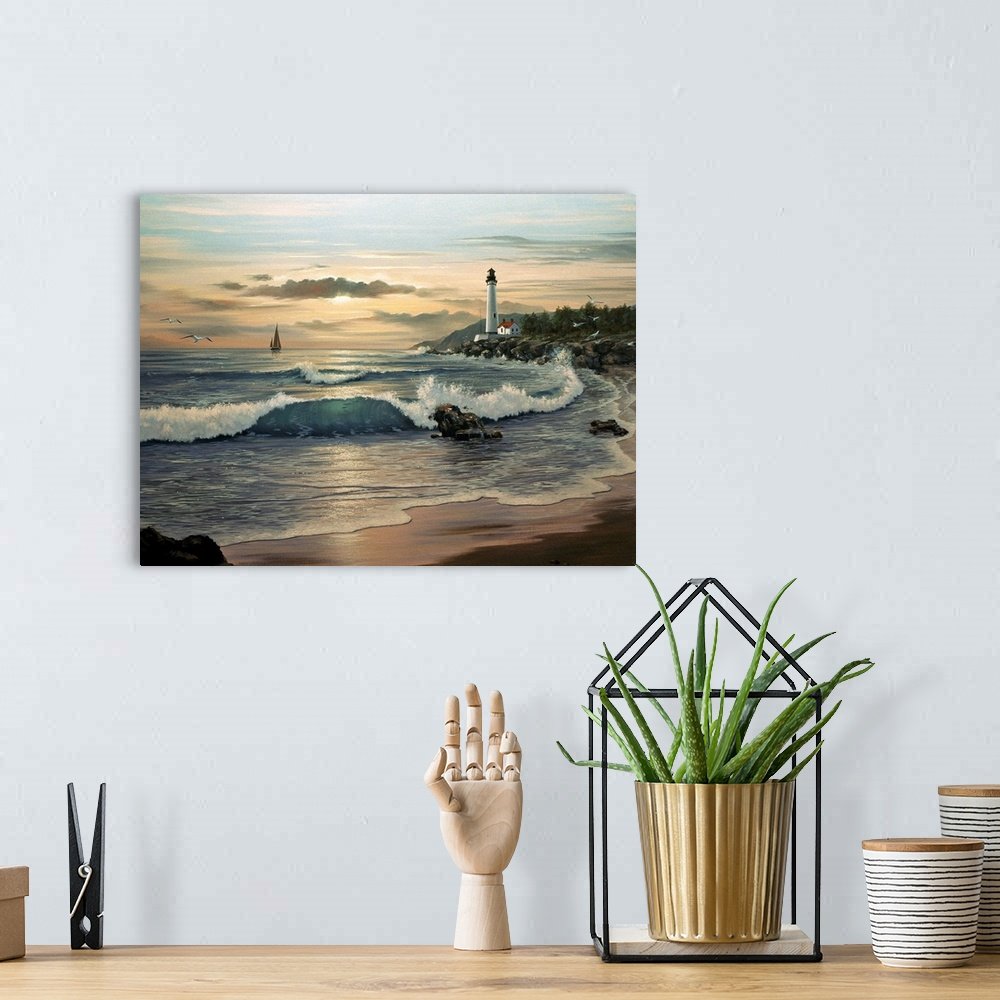 Golden Hour Beacon: A Classic Coastal Beach Scene Canvas Painting