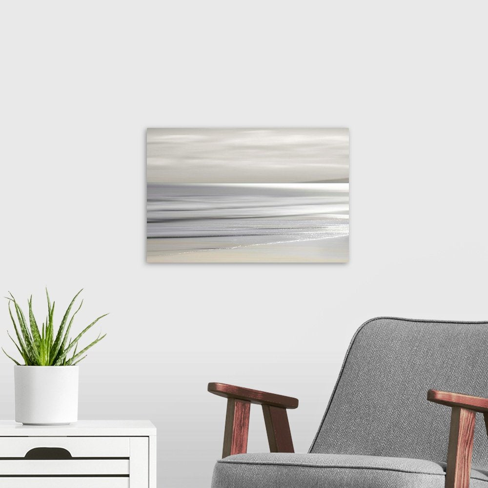 Liquid Silver: A Serene Minimalist Beach Wall Art for Modern Decor
