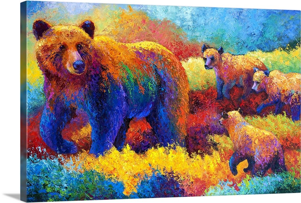 Prismatic Journey: A Vibrant Bear and Cubs Canvas Painting for Your Home