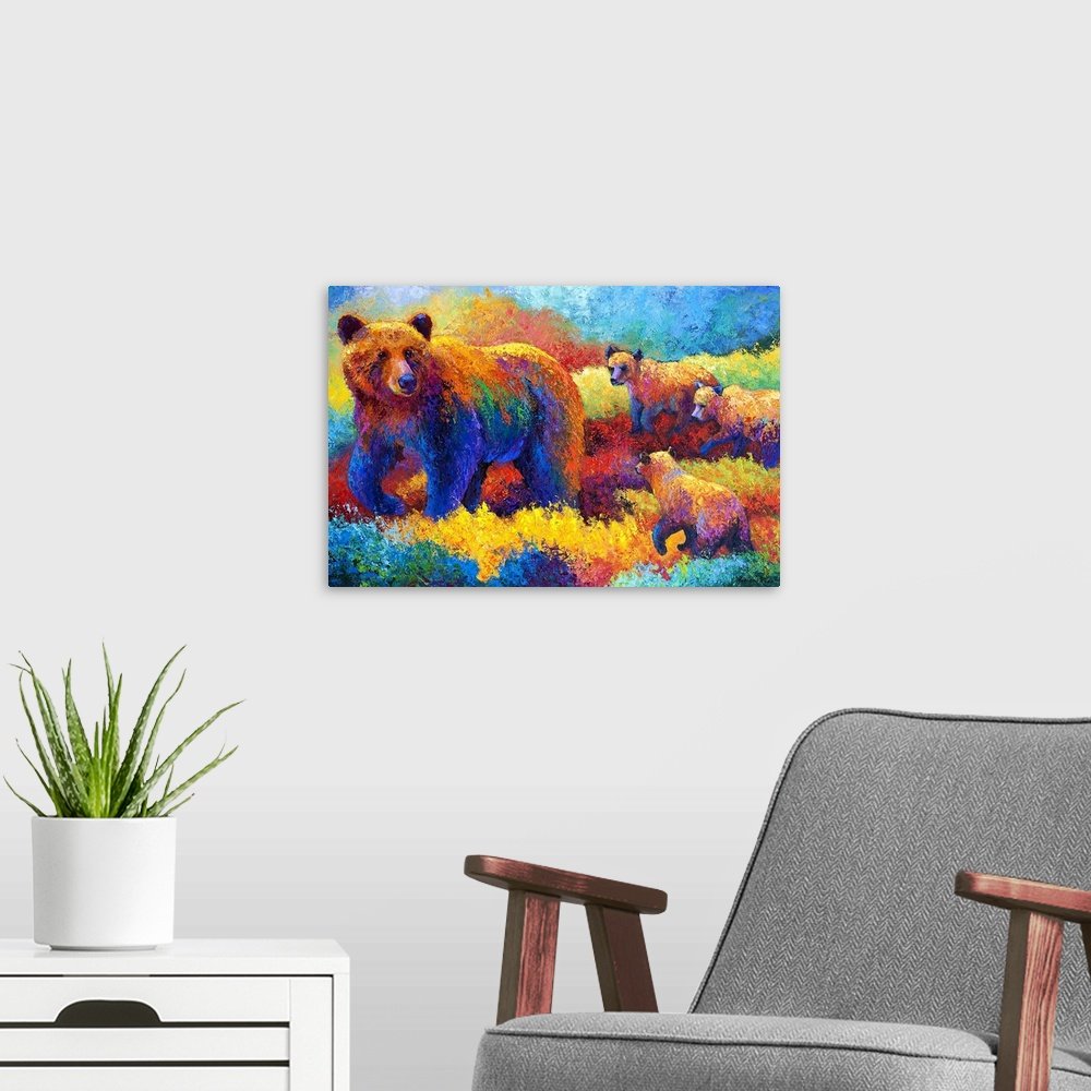 Prismatic Journey: A Vibrant Bear and Cubs Canvas Painting for Your Home