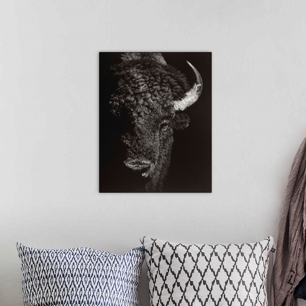 Shadow Titan: A Dramatic Black and White Bison Wall Art Portrait