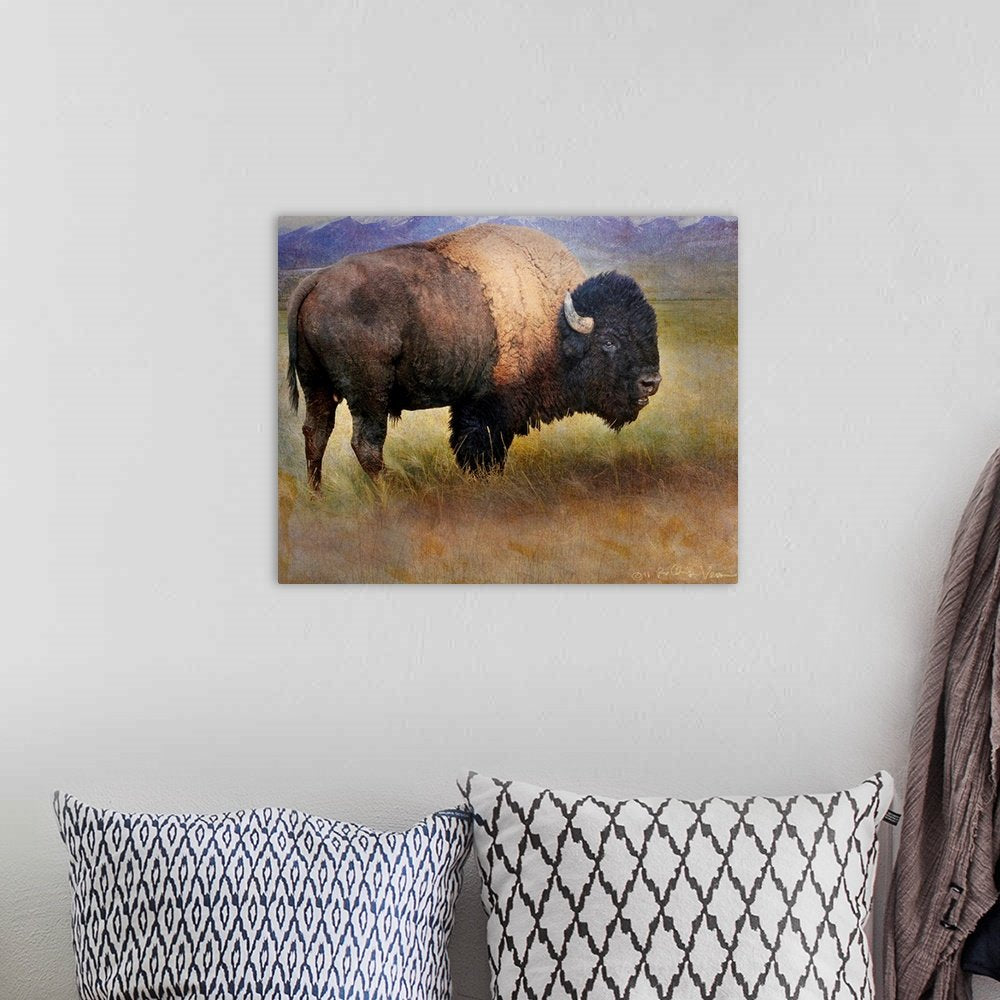 Prairie Monarch: A Majestic Rustic Bison Canvas Painting for Your Lodge