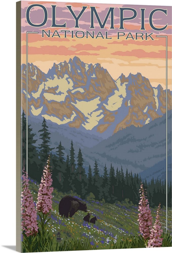 Olympic Meadow Majesty: A Vintage National Park Bear Wall Art Poster