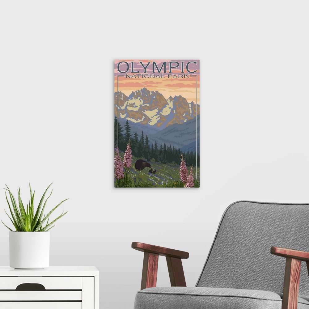 Olympic Meadow Majesty: A Vintage National Park Bear Wall Art Poster