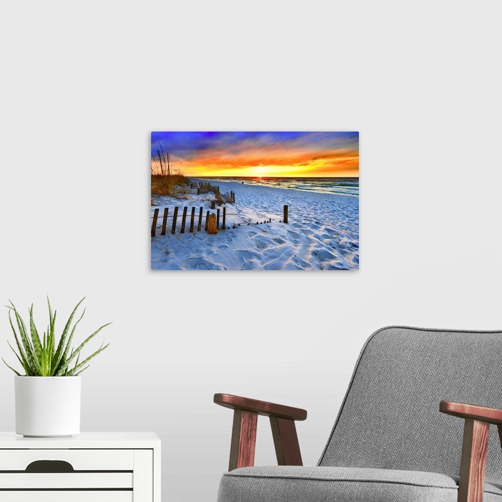 Sunset Embers: A Vibrant Coastal Beach Scene Wall Art Print