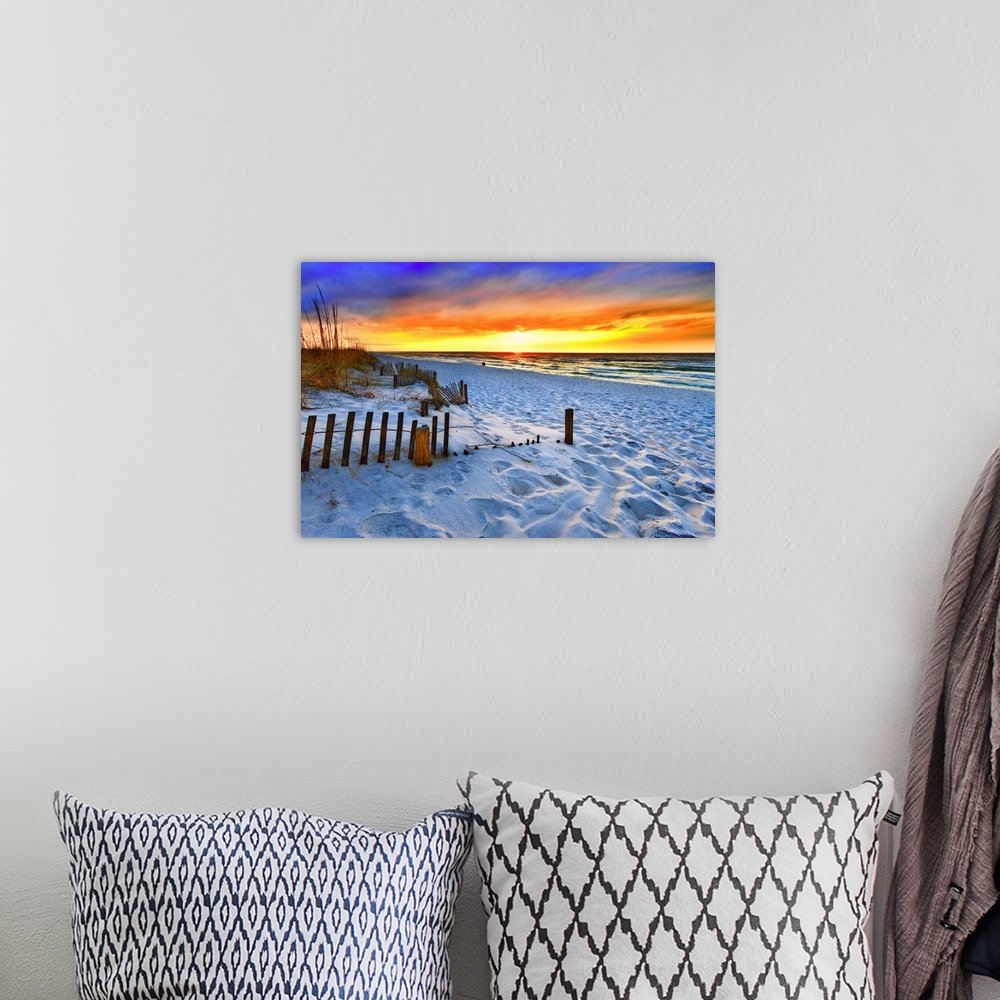 Sunset Embers: A Vibrant Coastal Beach Scene Wall Art Print