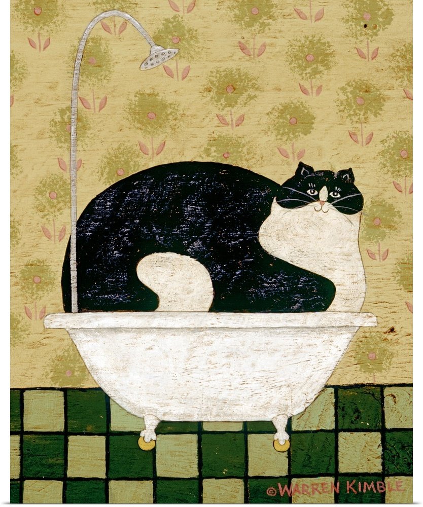 Funny Bathroom Wall Art - Tubby Cat Blues Folk Art Print