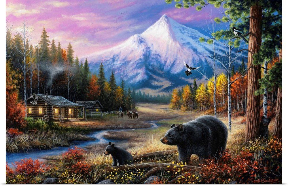 Rustic Bear Wall Art - Twilight Mountain Cabin Wildlife Print