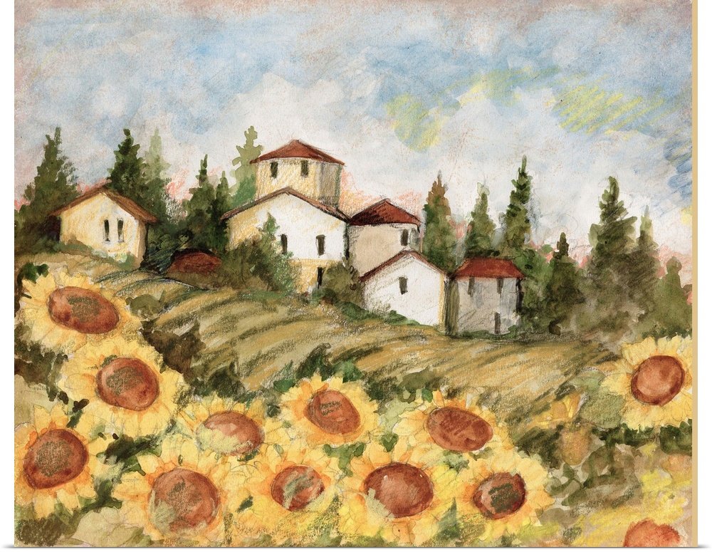 Rustic Sunflower Canvas Art - Village of Sunflowers Tuscan Landscape