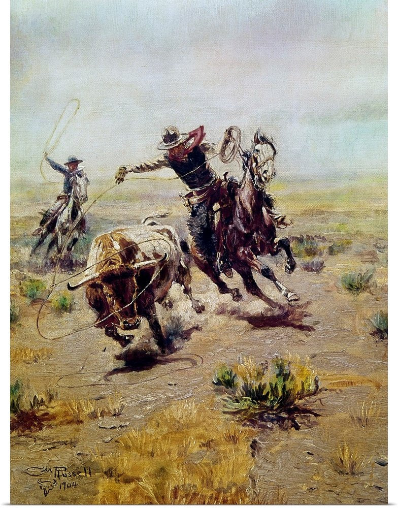 Roping the Steer: A Dynamic Rustic Western Horse Canvas Painting