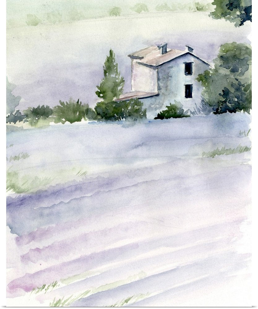 Lavender Haze: A Soft Rustic Watercolor Canvas Painting of a Country Home