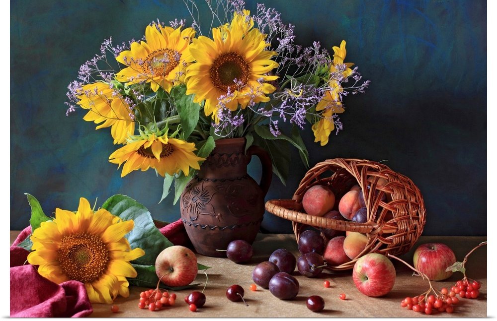 Golden Abundance: A Rich Rustic Still Life Flower Canvas Painting