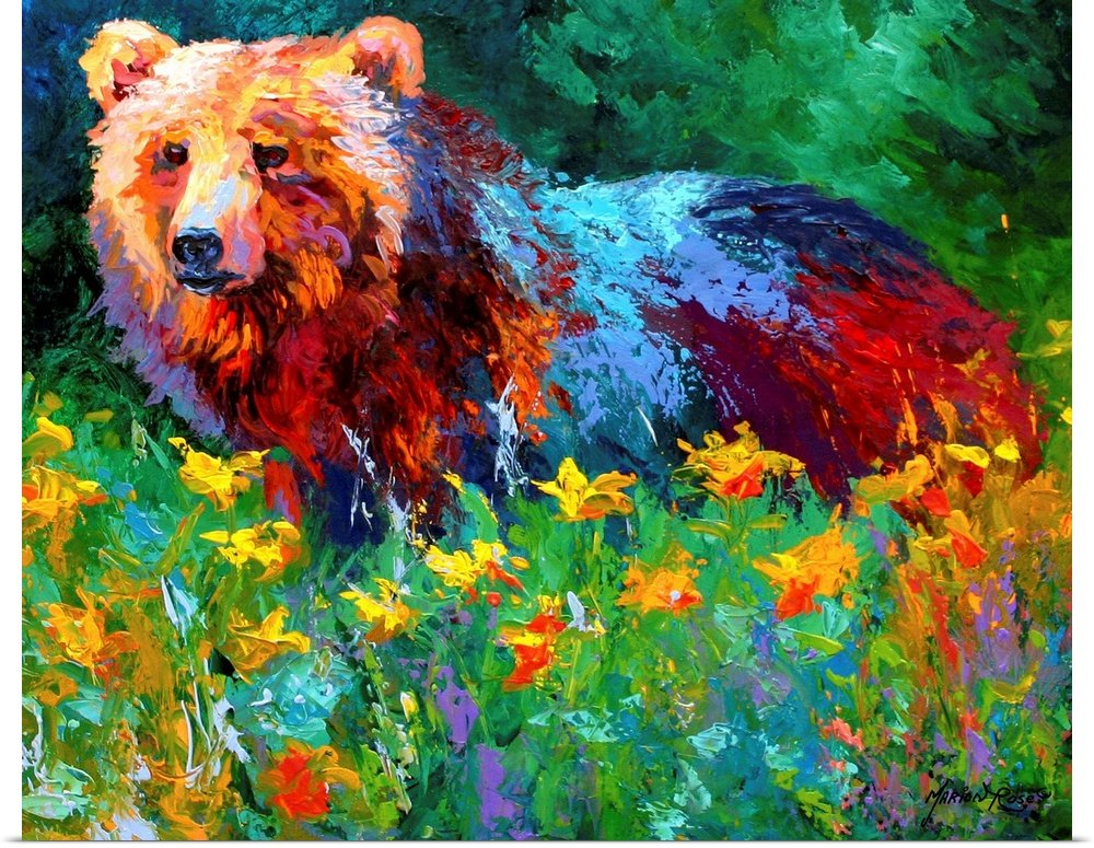 Meadow Monarch: A Vibrant Expressionist Bear Canvas Painting