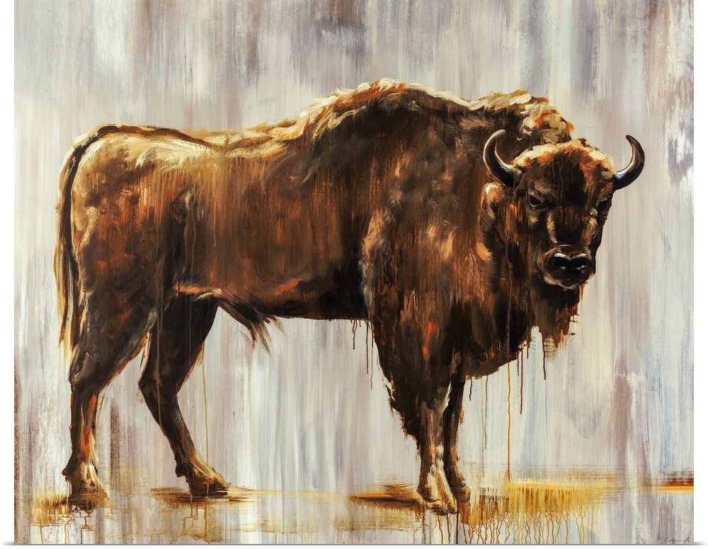 Sentinel of the Plains: A Majestic Rustic Bison Canvas Painting