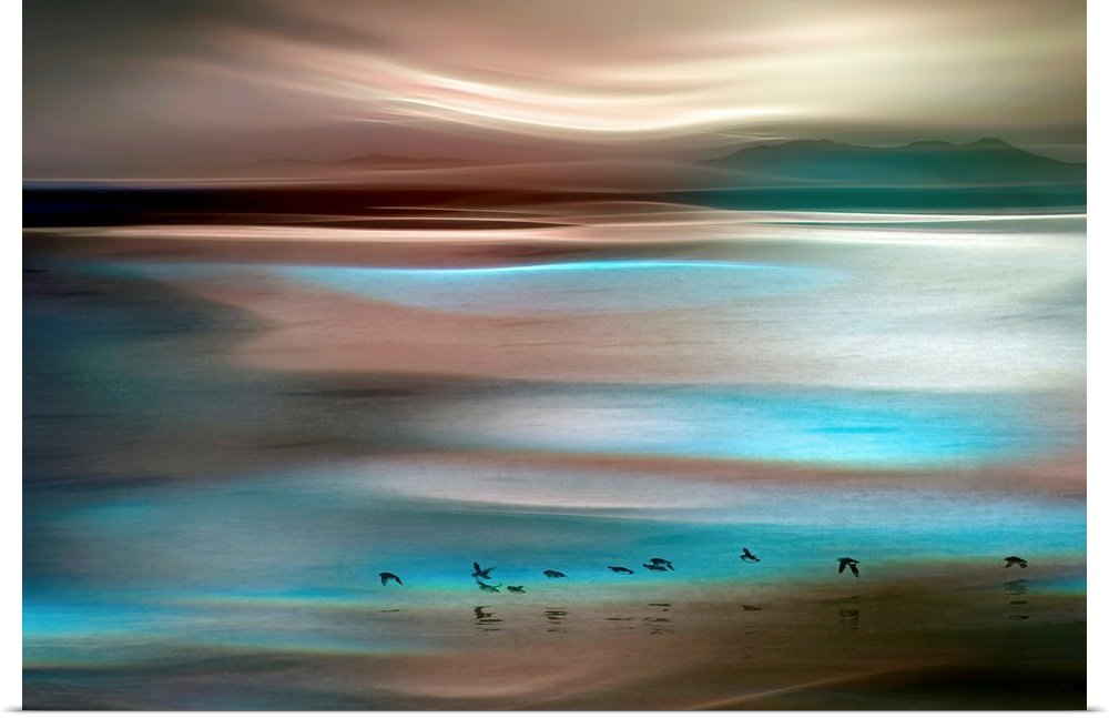 Ethereal Flight: An Abstract Beach Wall Art with Shorebirds