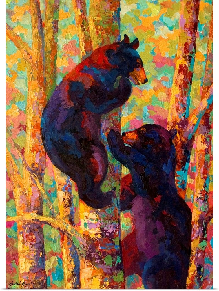 Aspen Ascenders: A Vibrant Expressionist Bear Canvas Painting for Your Wall
