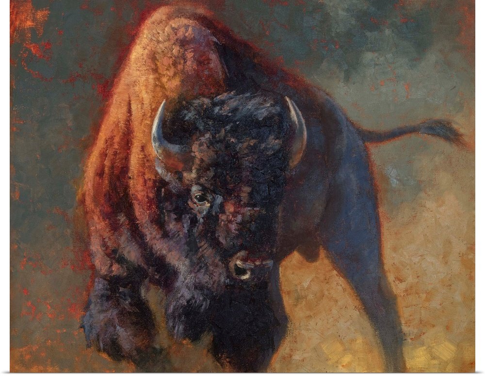 Prairie Thunder: A Powerful Rustic Bison Canvas Painting for Your Wall